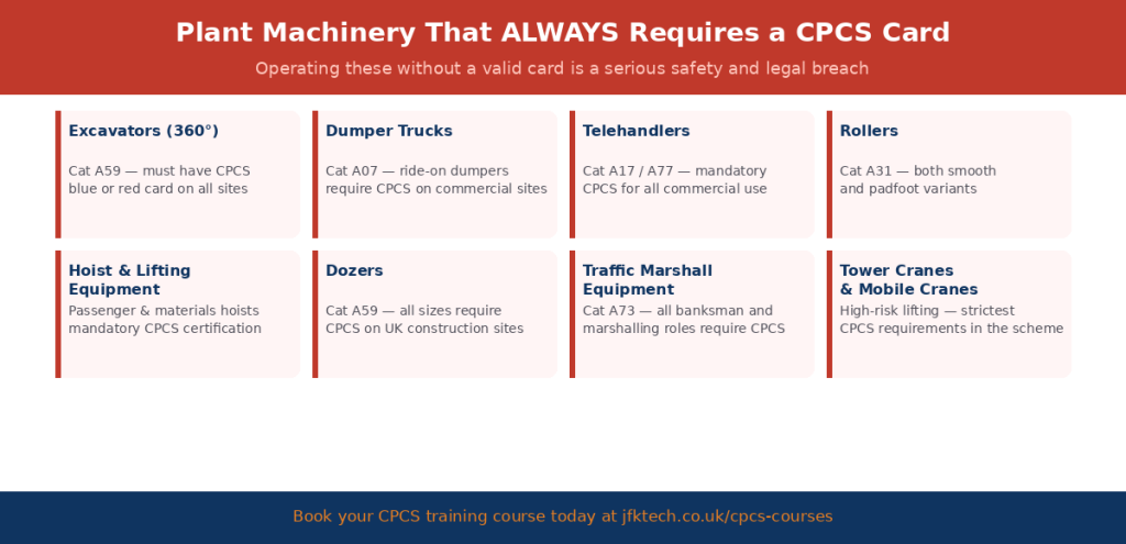 JFK TECH TRAINING LTD | What Plant Machinery Can You Operate Without a CPCS Licence in the UK? Machinery That Always Requires a Valid CPCS Card